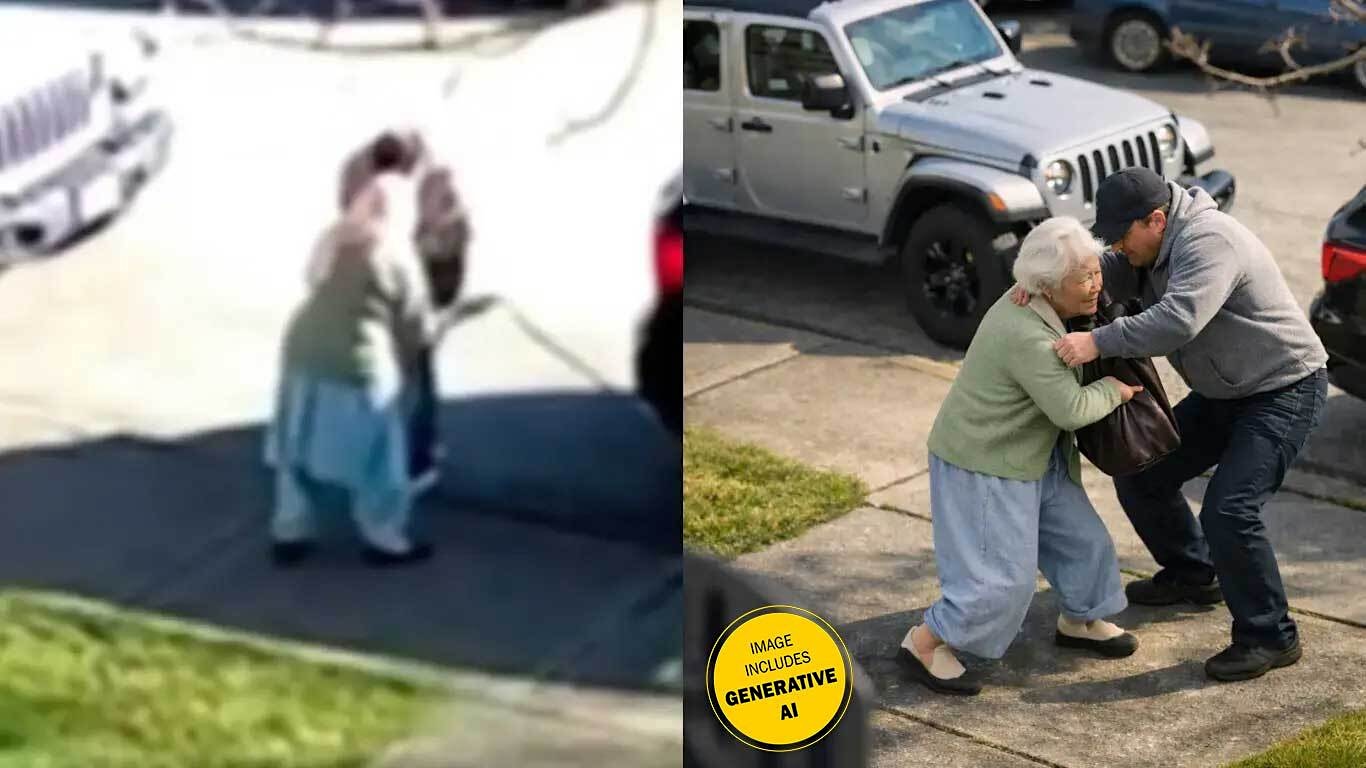 One photo shows a blurry image of a woman wearing a white headscarf, green sweater and blue tunic and pants in front of an indistinct male figure wearing grey. Another AI-generated photo shows the same scene, but with a sharper image of an older Asian woman grappling with a tall man wearing a black ball cap and light grey hoodie.