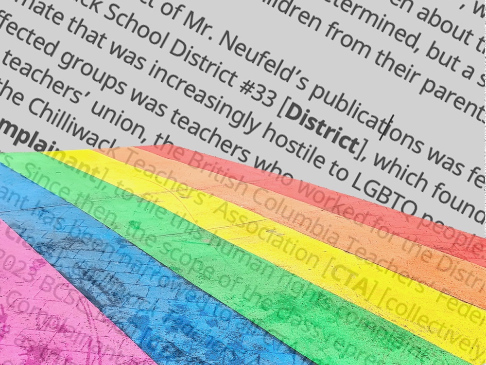 The text of a human rights tribunal decision set on an angle is partially overlaid with a photo of a rainbow sidewalk.