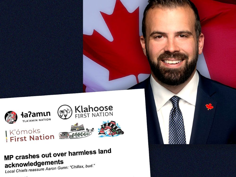A collage. In the bottom left-hand corner, the top of the statement from the Tla&rsquo;amin, Klahoose, K&rsquo;&oacute;moks and Homalco Nations. In the top right-hand corner, Aaron Gunn&rsquo;s MP photo.