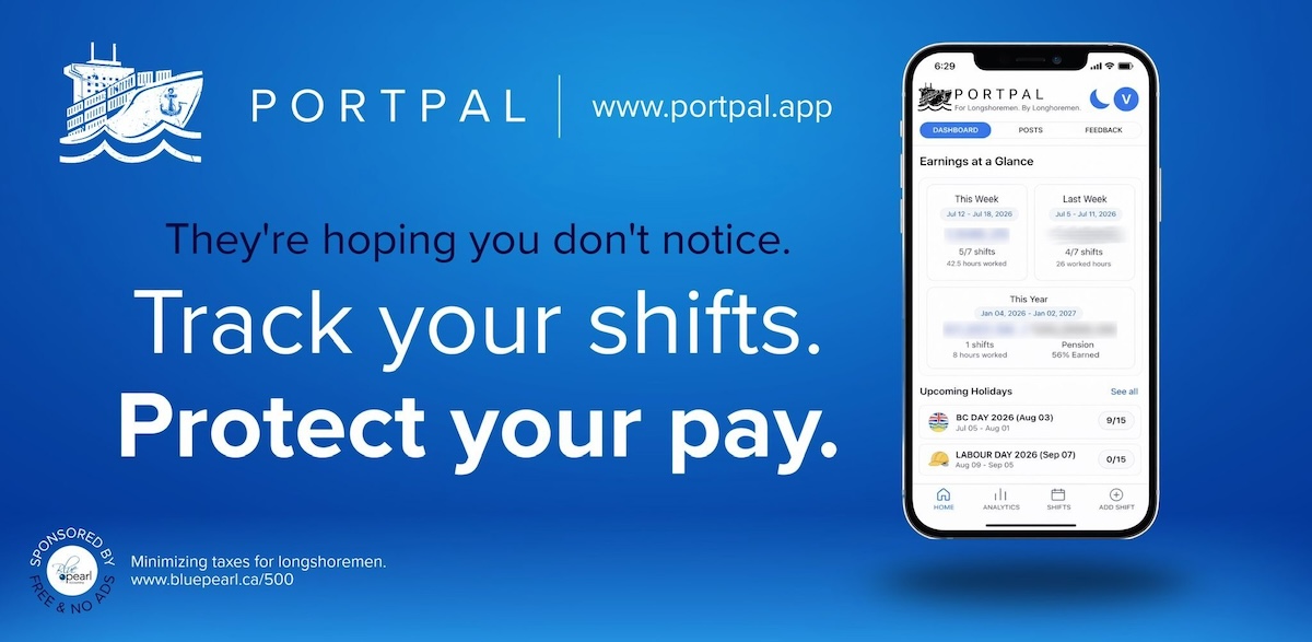 An image shows a billboard advertisement design with a blue background and the text &lsquo;PortPal: www.portpal.app. They&rsquo;re hoping you don&rsquo;t notice. Track your shifts. Protect your pay.&rsquo;
