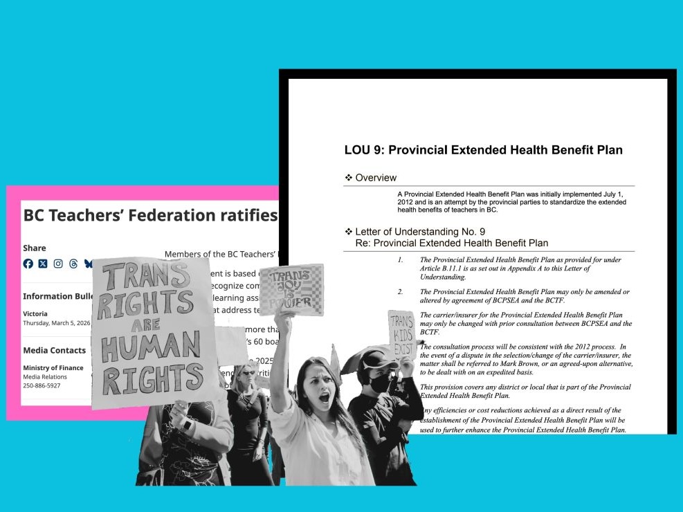 A photo illustration that includes a government press release about ratifying a new collective agreement and text about a health plan. A black and white photo shows protesters holding up signs supporting trans rights.