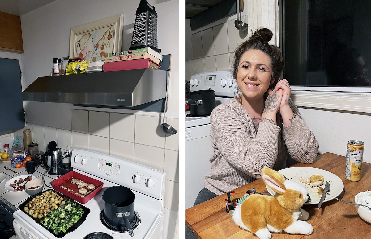A diptych shows Grace Chaster’s kitchen on the left, and Grace Chaster, who has light skin tone and dark hair in an updo, on the right.