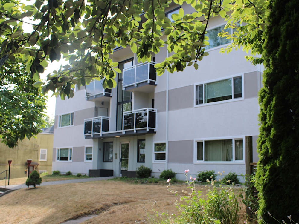 A four-storey white apartment building is framed by trees and shrubs.