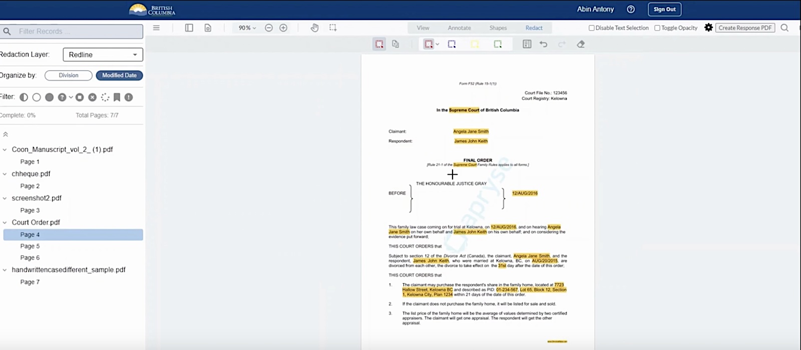 A document in a viewer has some text, like names, addresses and phone numbers, highlighted with orange rectangles. 