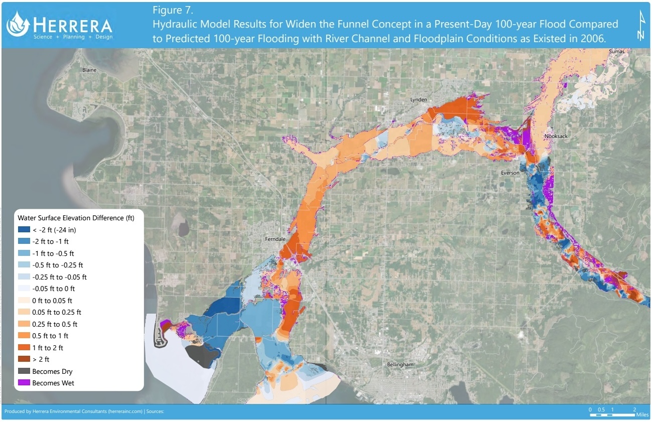 Another map shows that most of the river would still face higher flood threats than in 2006, despite implementation of flood management solutions.