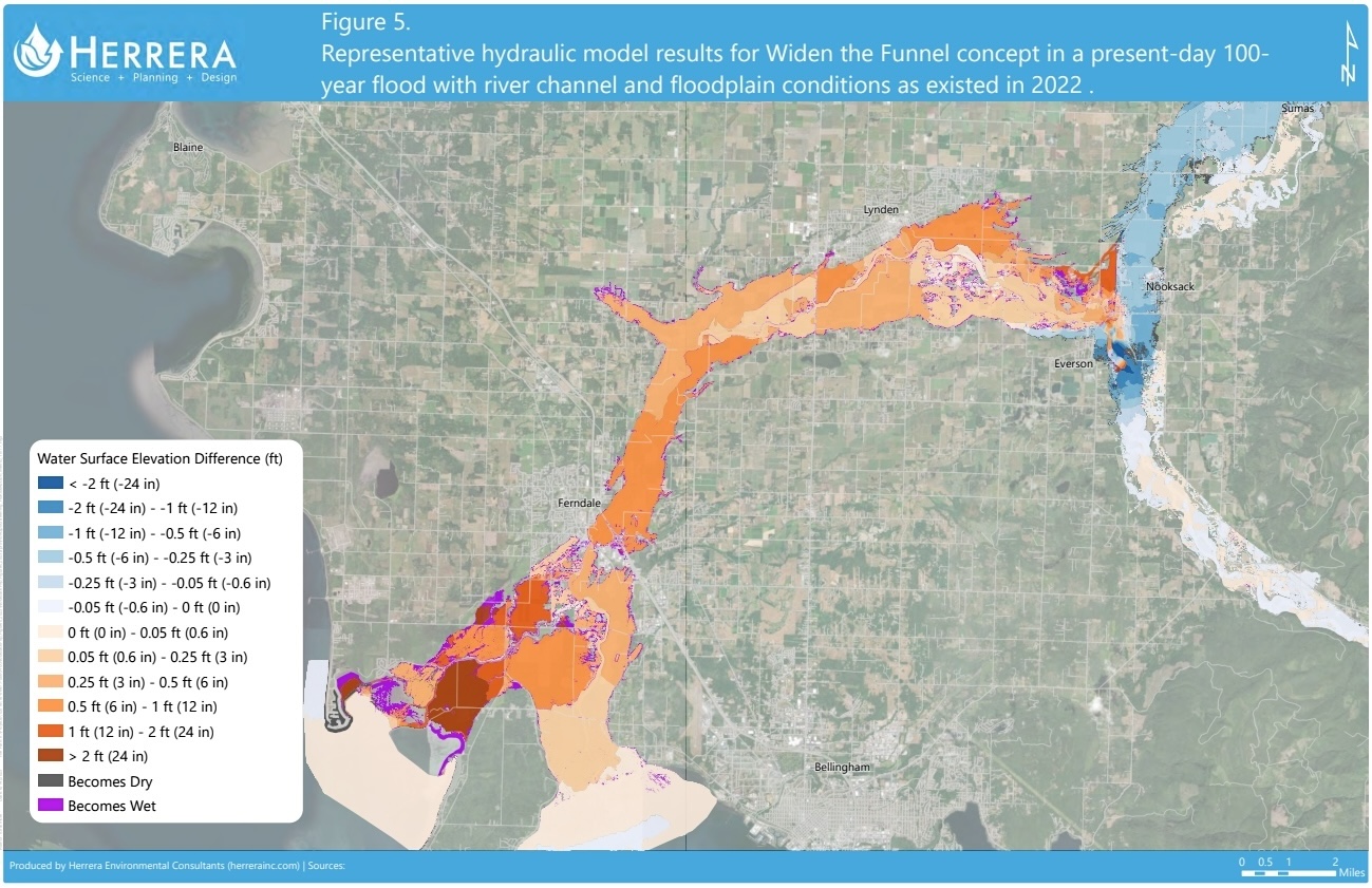 A map shows areas (in orange) where flood levels are expected to increase, and areas where they are expected to decline.