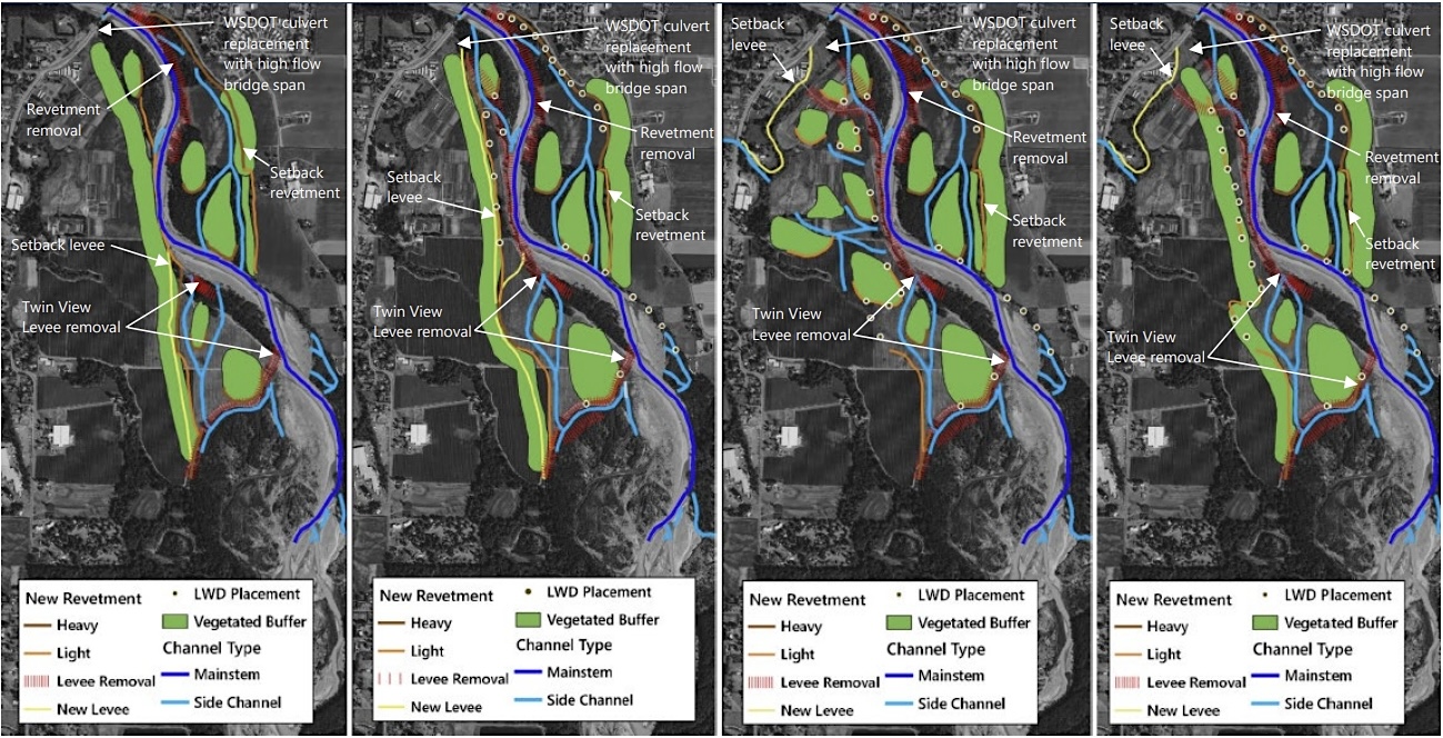 Four aerial mapping images sketch out different options for reconfiguring the banks around a river. 