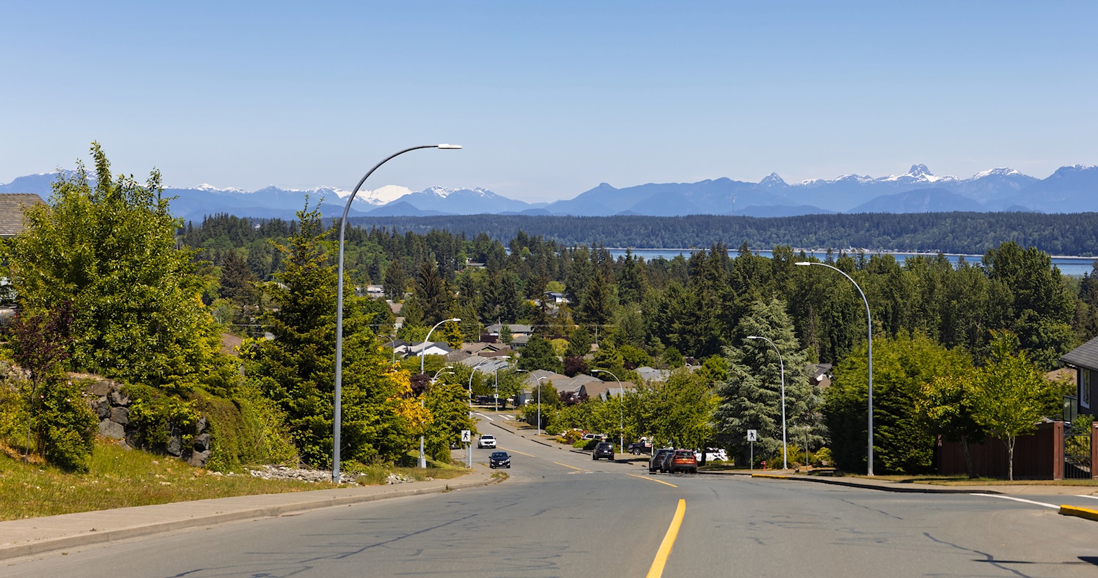 A view of a sloping residential street in Campbell River.