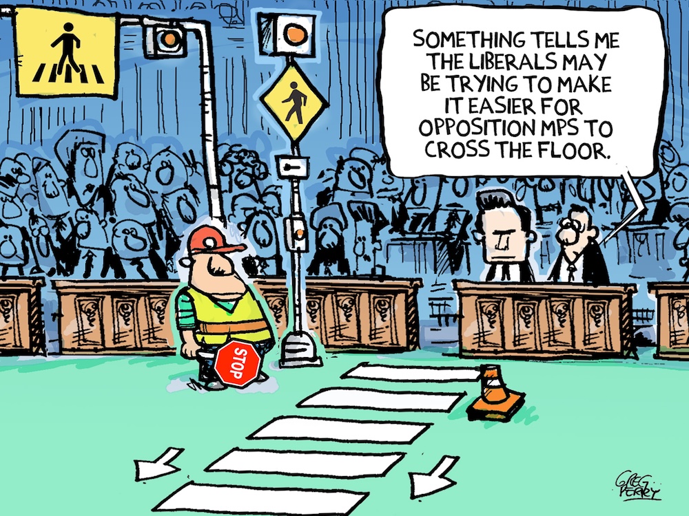 A cartoon shows MPs sitting in Canadian Parliament with a crossing guard and crosswalk marked on the floor. A speech bubble reads: &lsquo;Something tells me the Liberals may be trying to make it easier to cross the floor.&rsquo;