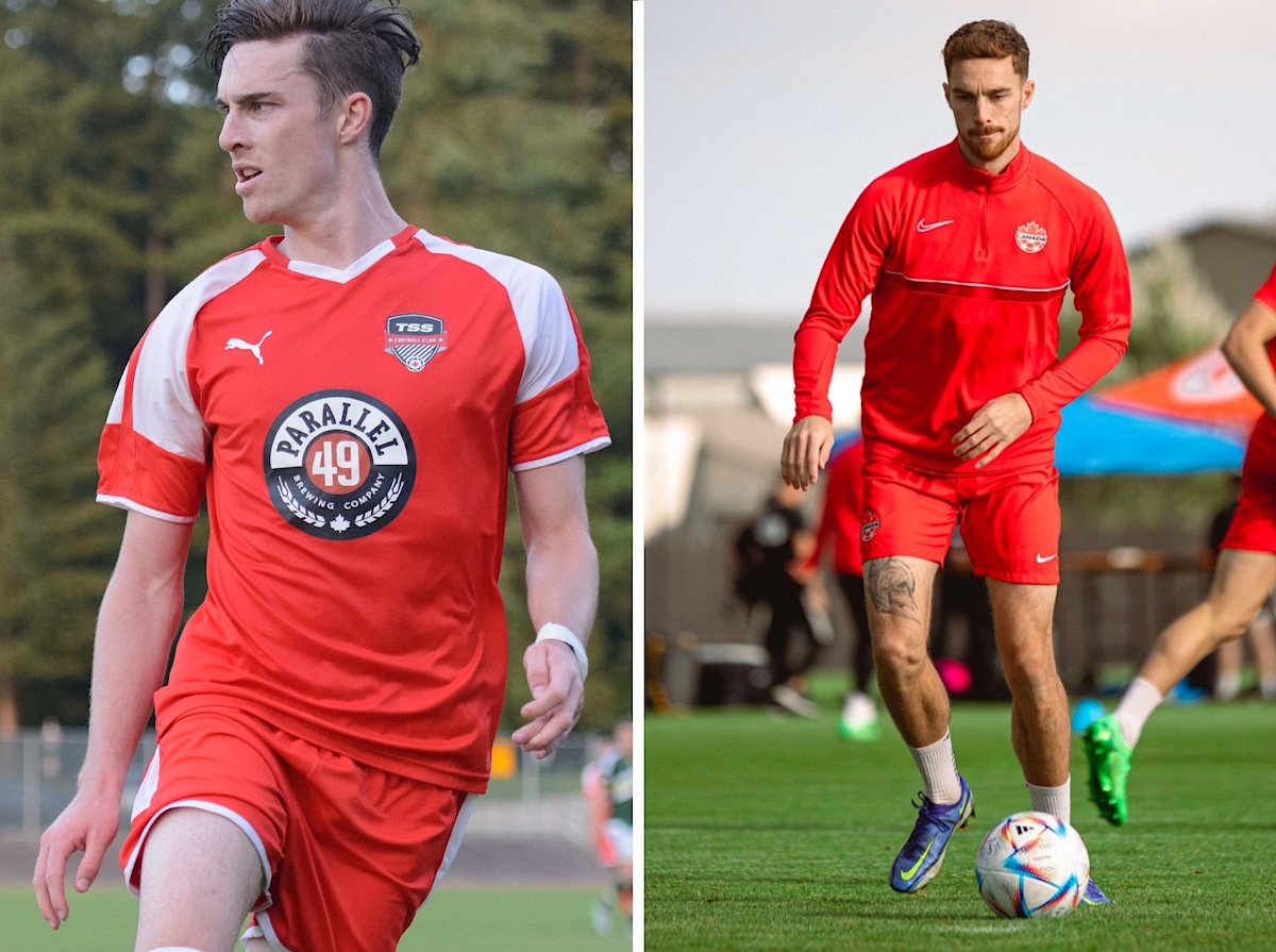 On the left, a young soccer player wearing a red shirt runs to get into position while watching action to his right. On the right, the same person, but older and now with a beard and a large tattoo on his leg, prepares to kick the ball while wearing a Soccer Canada training shirt.