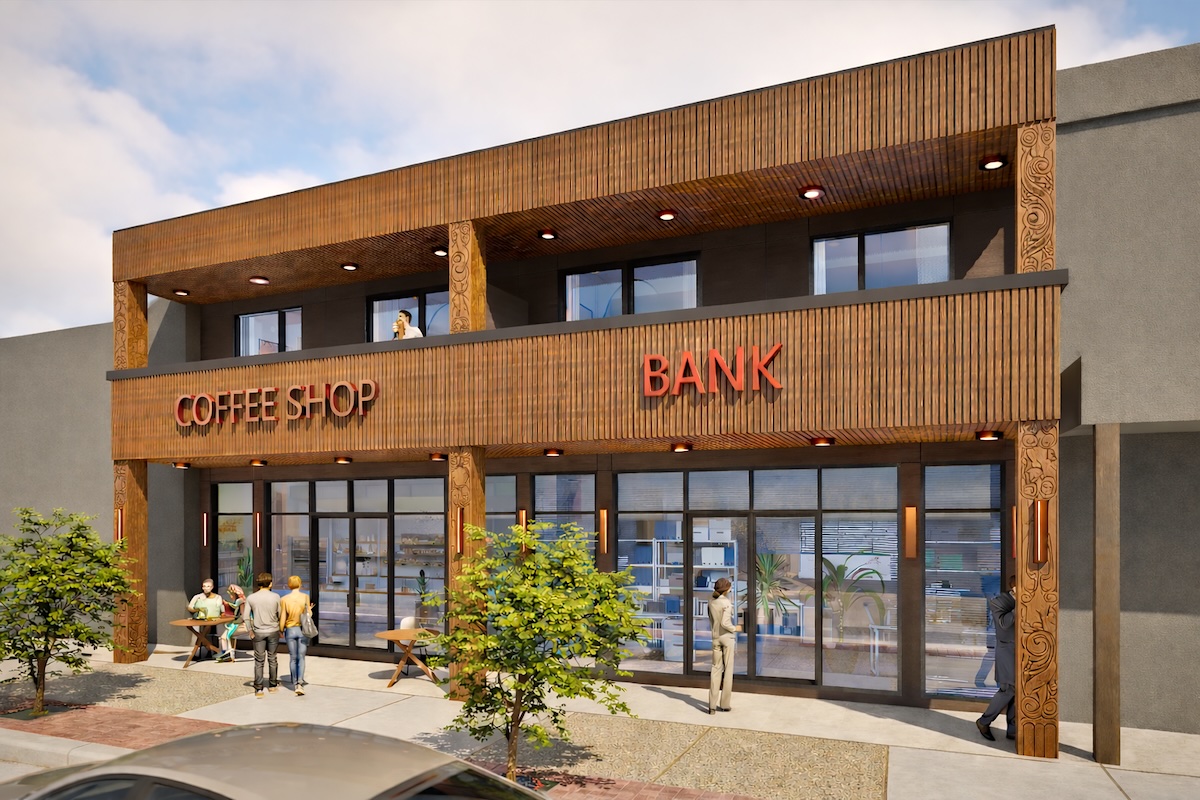A rendering shows a two-storey building with a coffee shop and bank on the first floor.