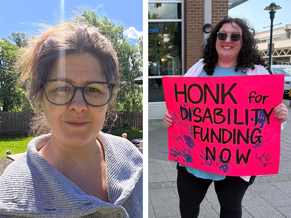 On the left, a middle-aged woman with brown hair in a ponytail poses for a selfie in an outdoor setting. On the right, a woman with long curly brown hair and sunglasses holds a sign that says &lsquo;Honk for Disability Funding Now.&rsquo;
