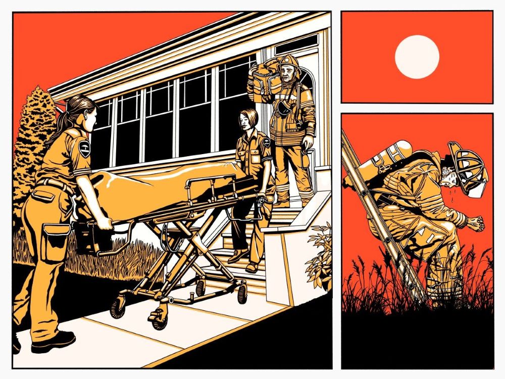 An collection of illustrations of events during a heat wave. In the first, two paramedics move a covered body on a stretcher out of a house, while a firefighter looks on. In the second, the sun shines brightly overhead. In the third, a firefighter sweating in full uniform and tanks on their back sits on a ladder.