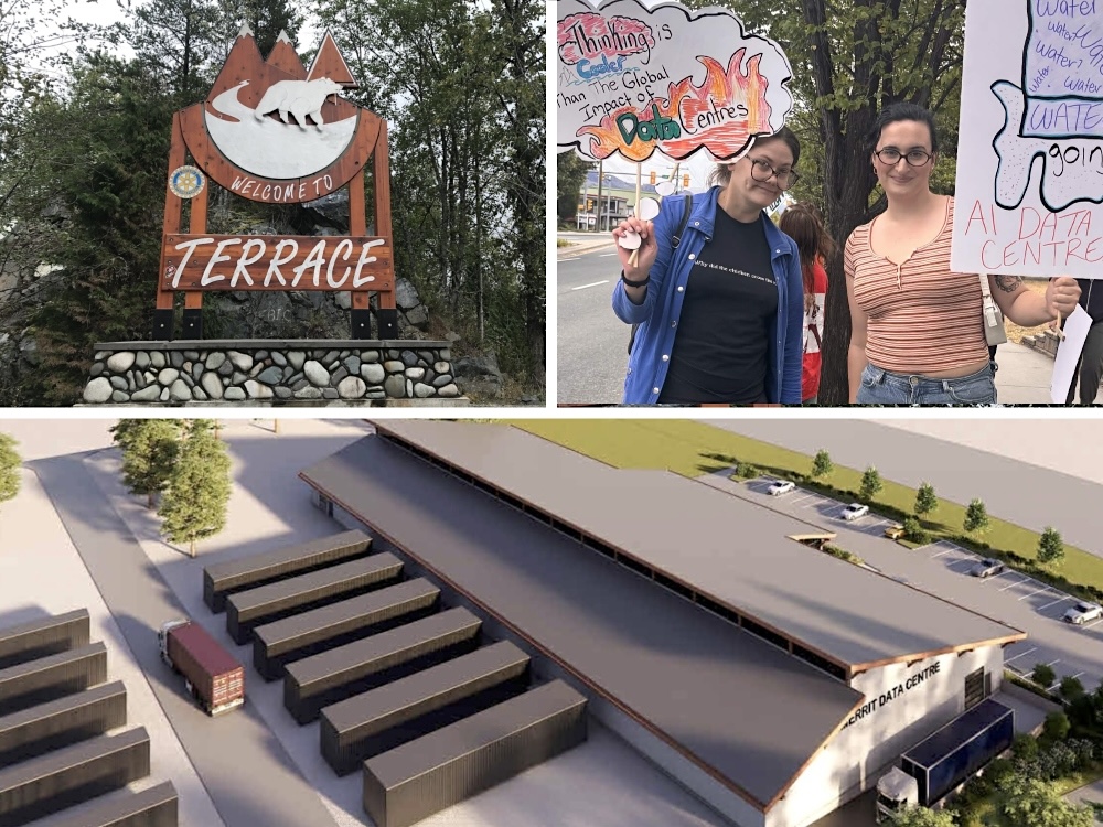 Three separate images include a photo of a large sign saying &lsquo;Welcome to Terrace,&rsquo; a photo of two protesters holding anti-AI signs, and a rendering of an industrial building.