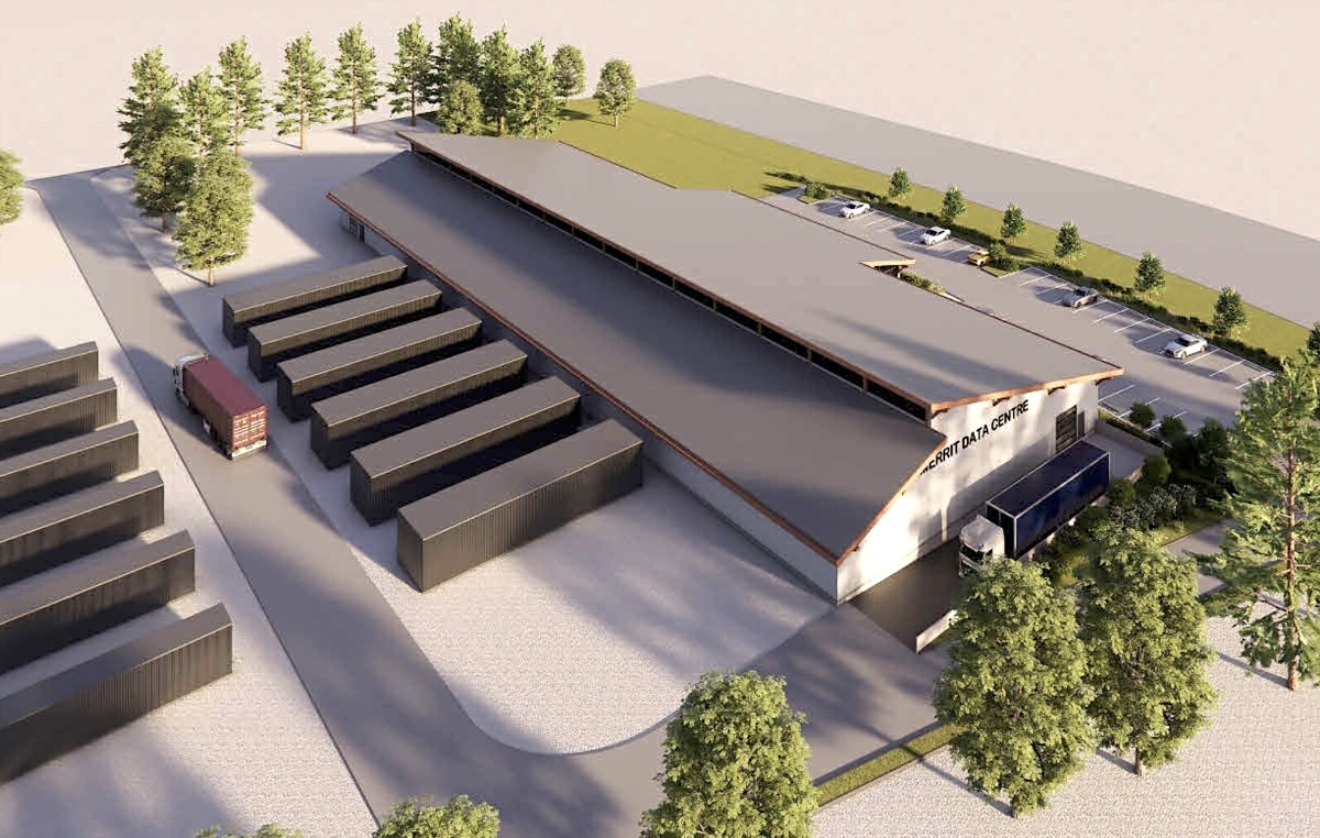 An aerial rendering of a modest-sized industrial building that looks like a large warehouse. 