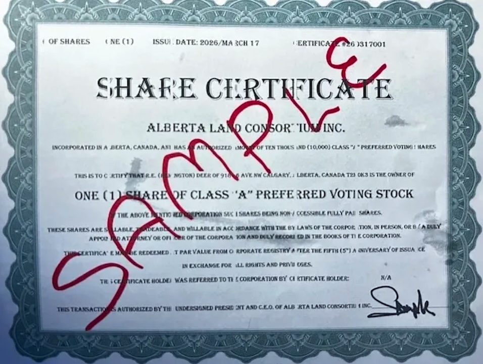 A photo of a share certificate with &lsquo;Sample&rsquo; scrawled on it. 