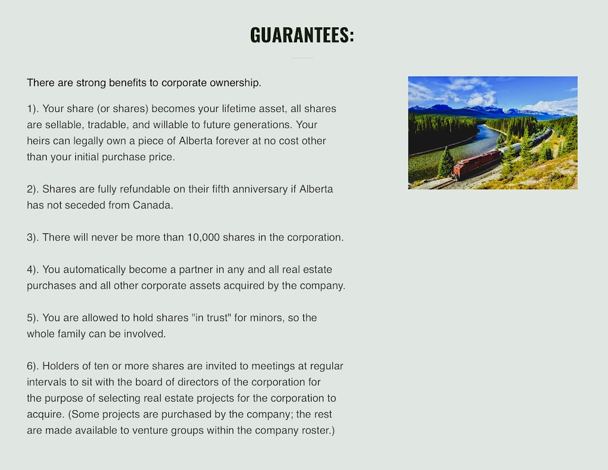 Screenshot from a section of the FreeAlbertaLand website titled &lsquo;Guarantees.&rsquo;