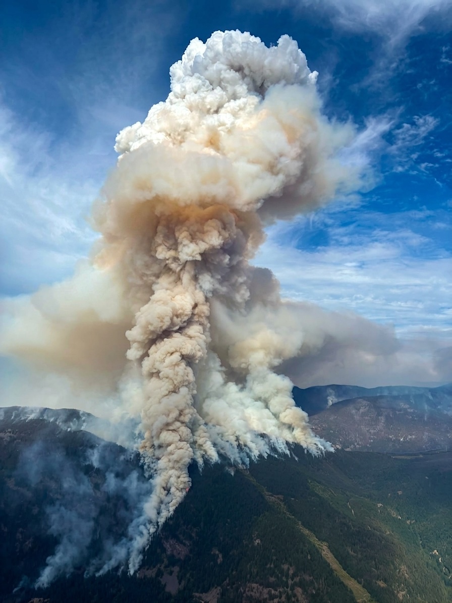 A massive plume rises from a wildfire in a mountainous forested area.