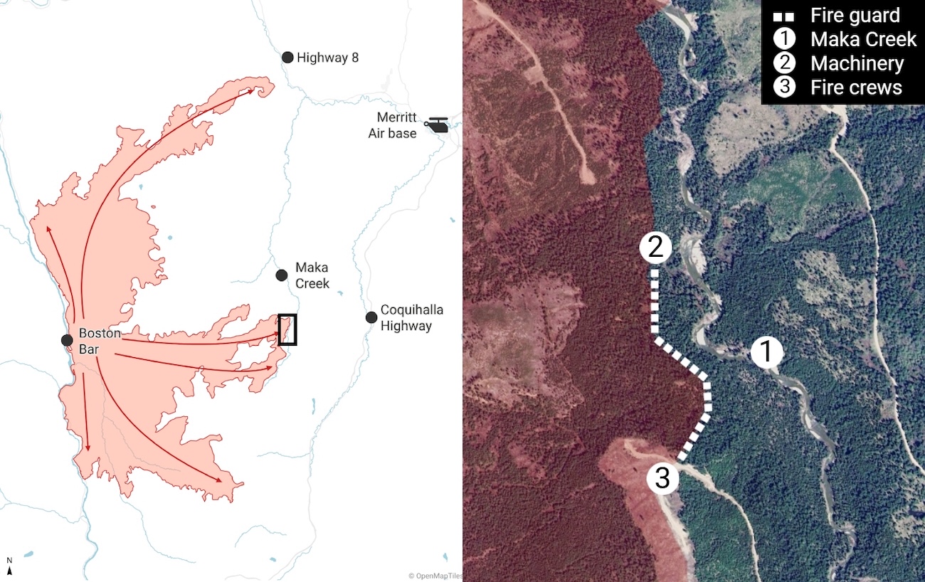 On the left, a map shows a wildfire shaped like an E, with the eastern middle section encroaching on the Coquihalla Highway. An aerial image on the right shows the location of a fireguard west of Maka Creek.