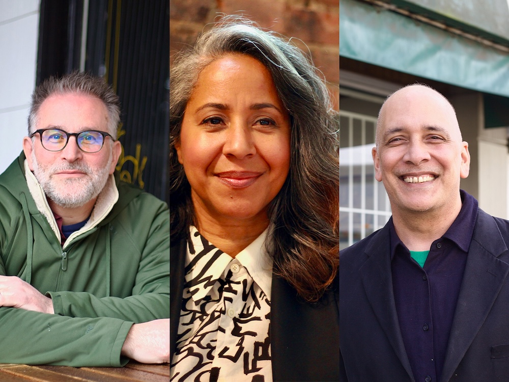 A three-panel image features portraits of, from left, a white man with spiky grey hair, glasses and a green hoodie; a Black woman with wavy dark hair and a black and white patterned shirt; and a mixed-race man with a dark jacket over a navy shirt.