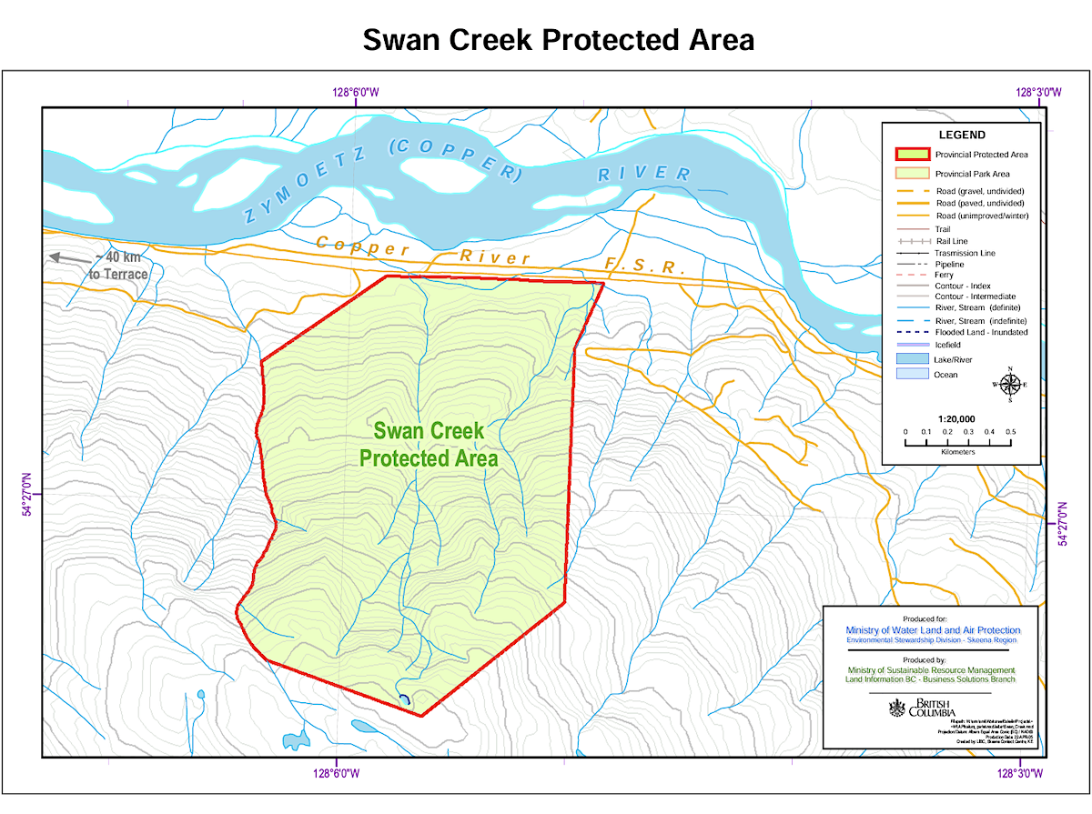 A map shows the Swan Creek Protected Area on the south side of the Zymoetz River.