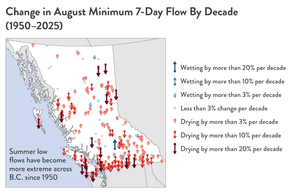 A map of British Columbia with numerous red arrows showing places with lower seven-day stream flows in summer.
