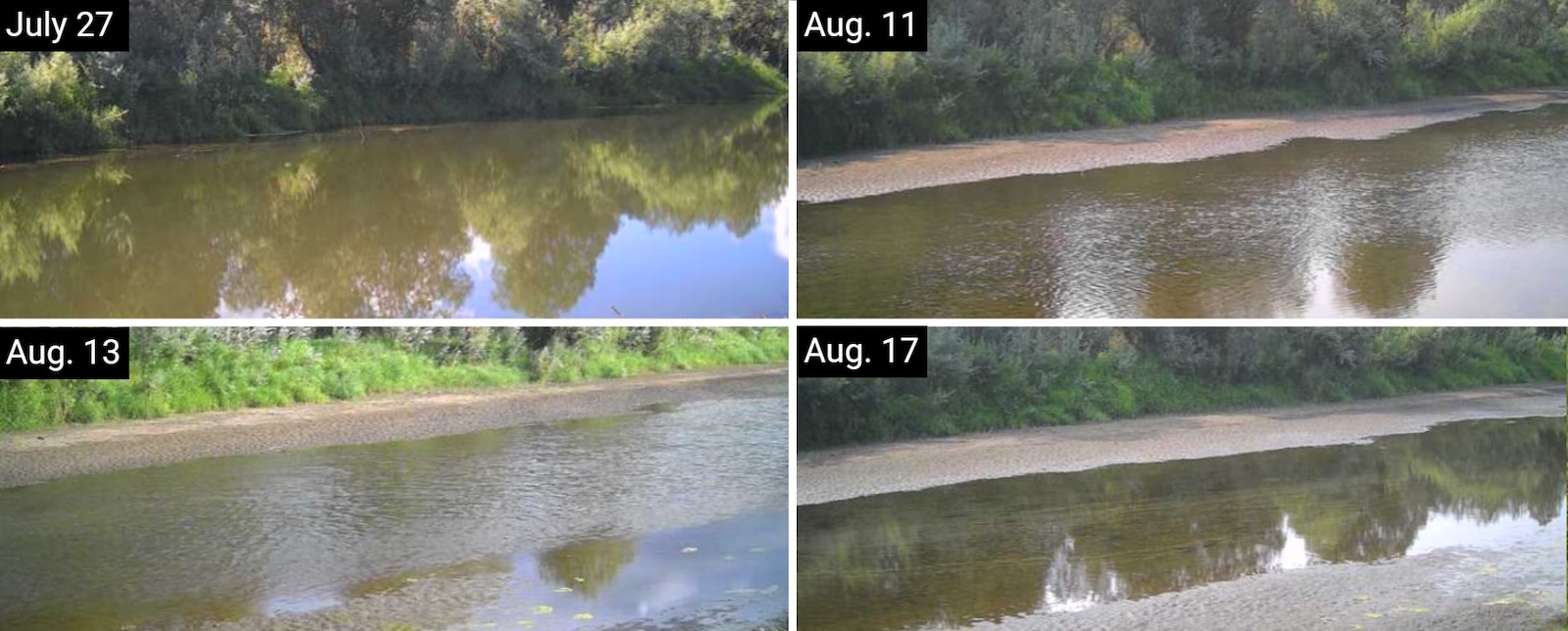 Four images showing a watercourse gradually getting shallower and shallower.