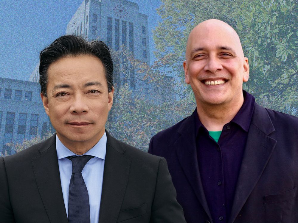 A collage of Ken Sim and Pete Fry with City Hall in the background.