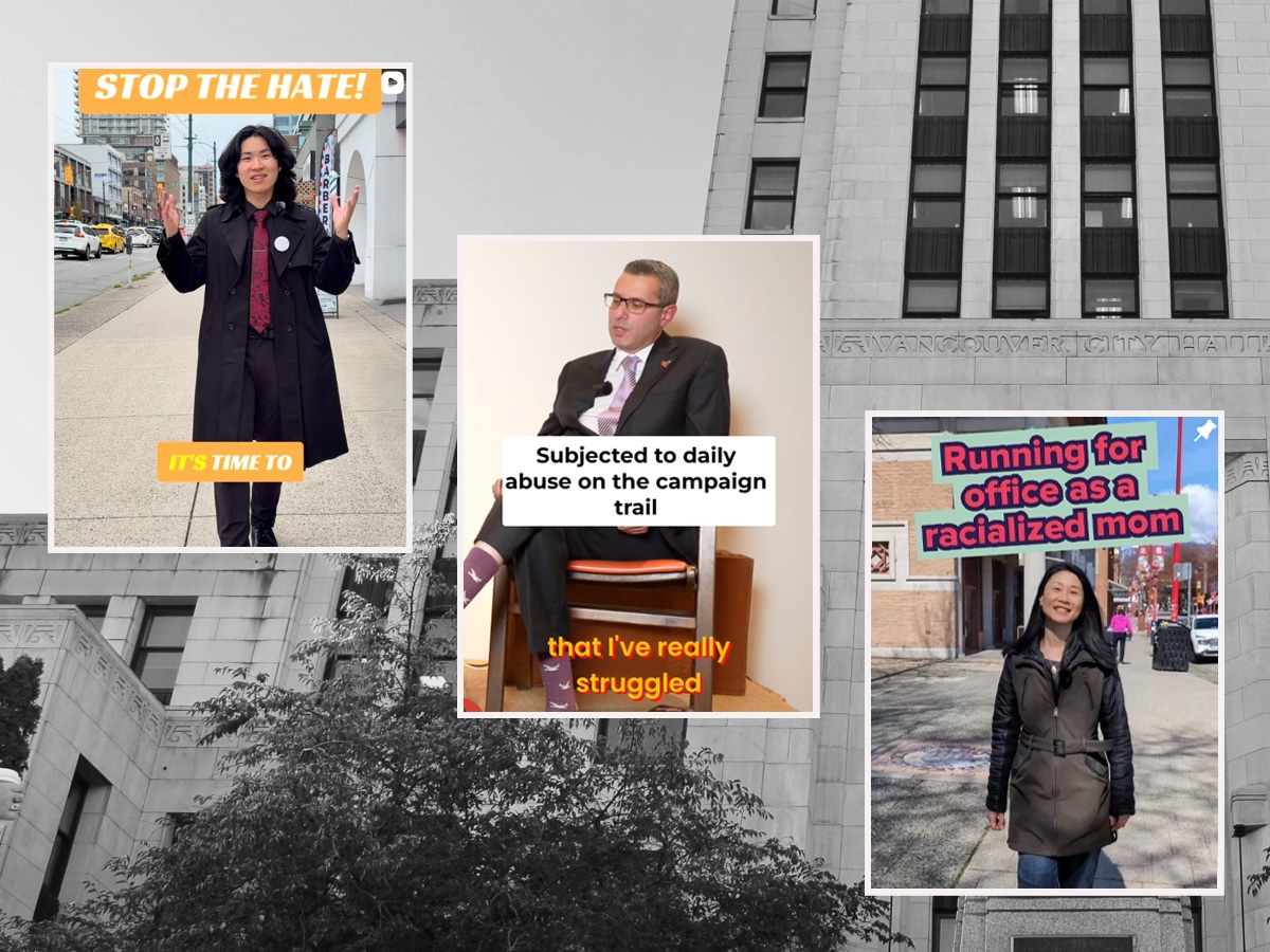 Three screenshots of social media videos show a young man with the caption &lsquo;Stop the hate,&rsquo; a middle-aged man with the caption &lsquo;Subjected to daily abuse on the campaign trail&rsquo; and a middle-aged woman with the caption &lsquo;Running for office as a racialized mom.&rsquo;