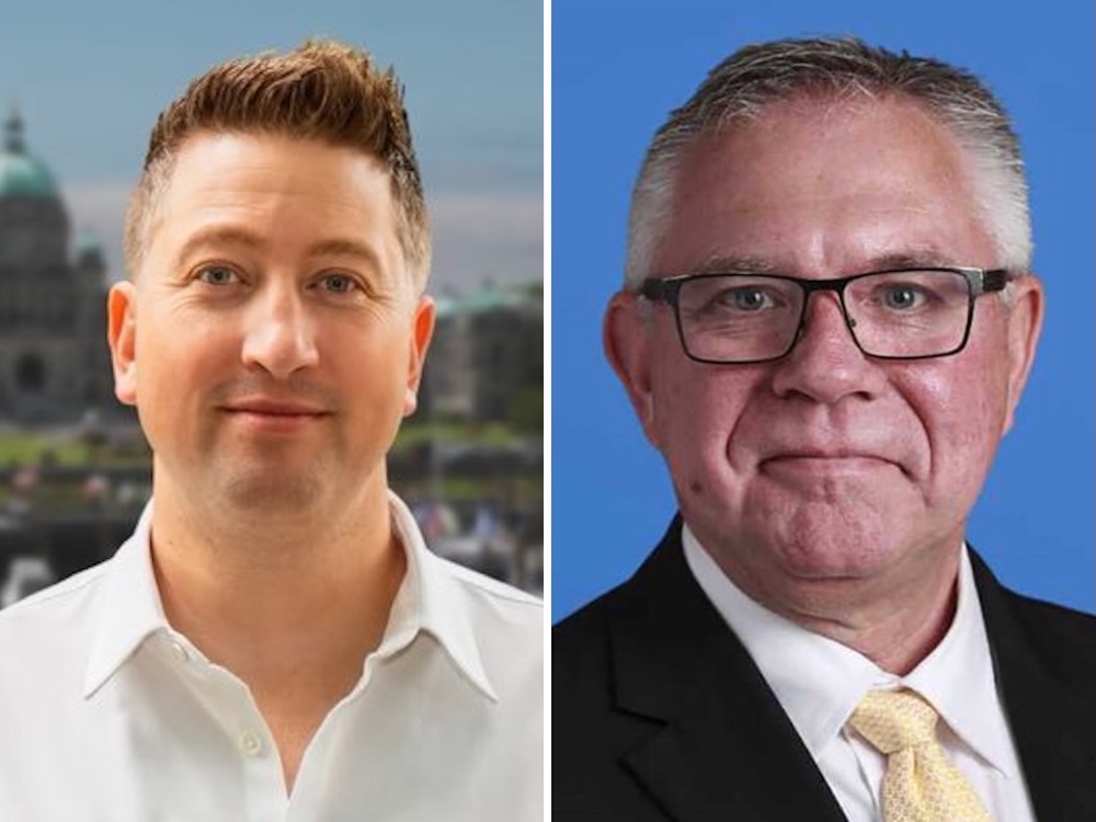 Two photos are side by side. On the left is an older light-skinned man in suit and tie; on the right a younger man in a white shirt.