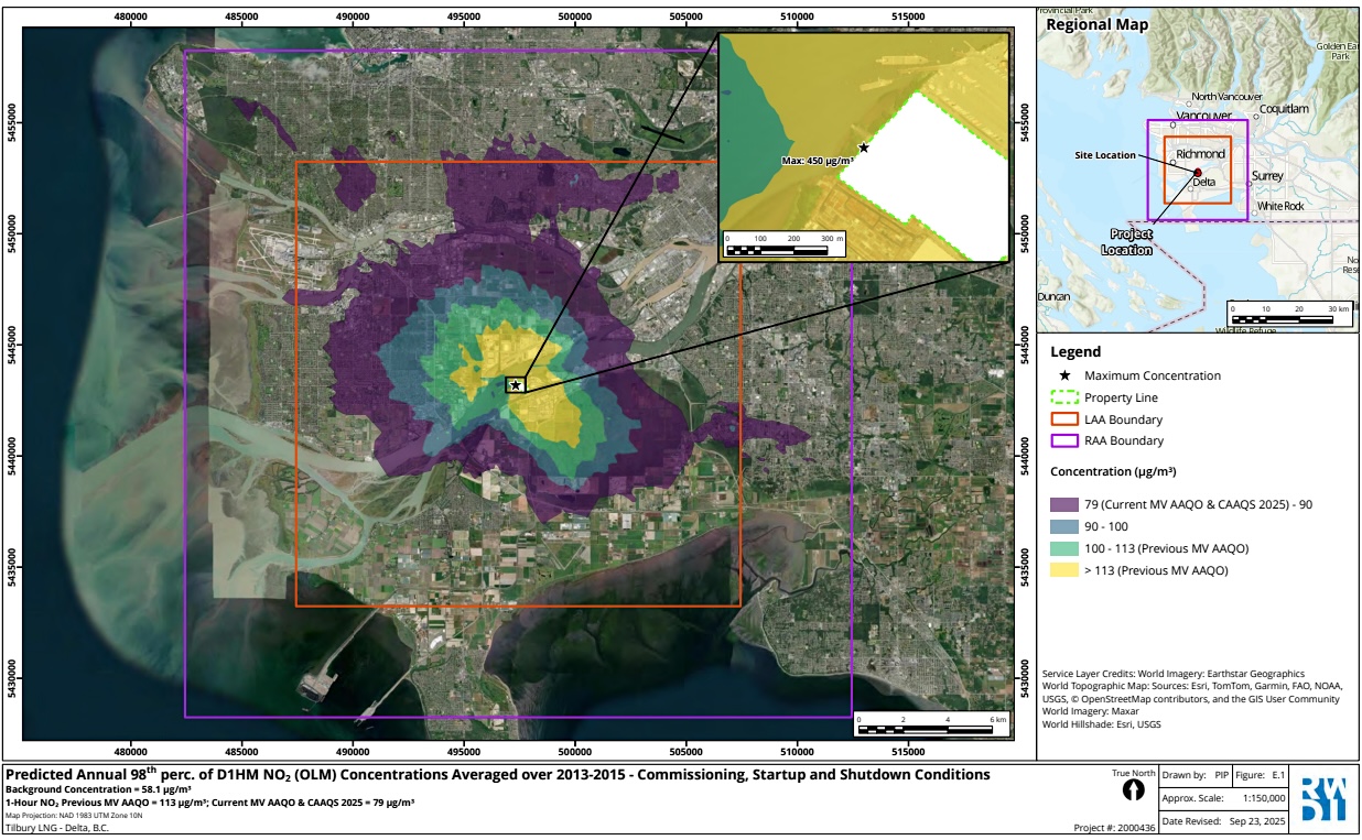 A map of the Lower Mainland shows a significant amount of land affected, with emissions concentrated in North Delta.