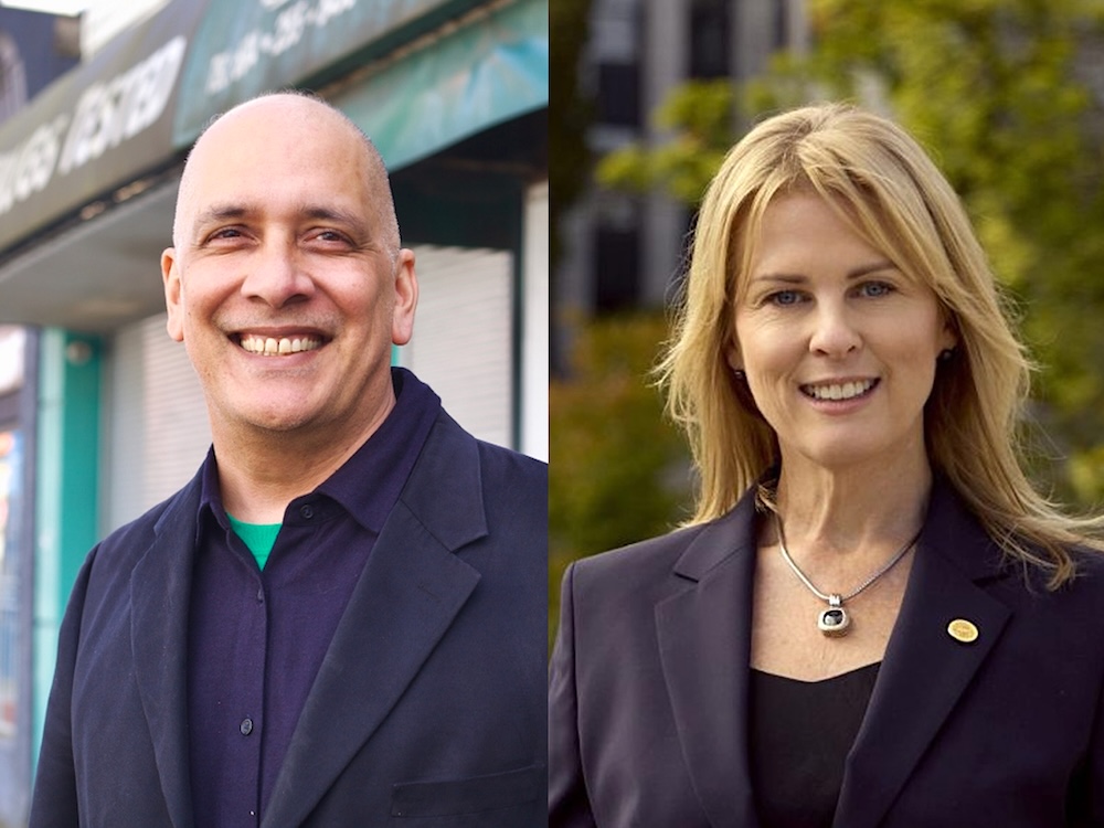 On the left, a photo of a bald man in his 50s smiling at the camera. On the right, a photo of a middle-aged woman with blond hair and bangs.