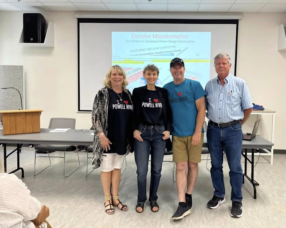 From left to right: Diane Sparks, Frances Widdowson, Ted Vizzutti and a fourth man. Sparks, Widdowson and Vizzutti are wearing &lsquo;I <3 Powell River&rsquo; T-shirts.