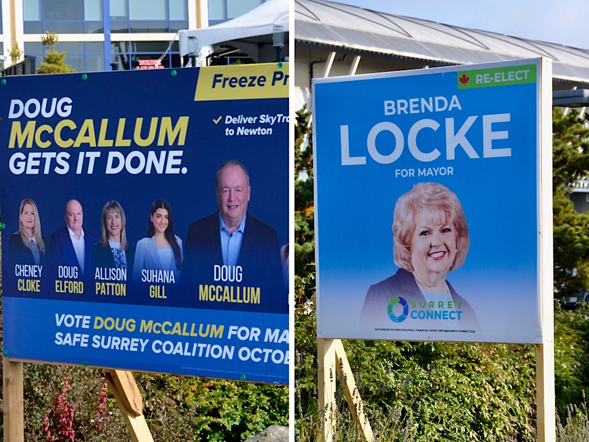 Election signs show, on the left, an older man with several council candidates, and the words &lsquo;Doug McCallum gets it done.&rsquo; On the right, an older woman with wavy blond hair and the words &lsquo;Brenda Locke for mayor.&rsquo;