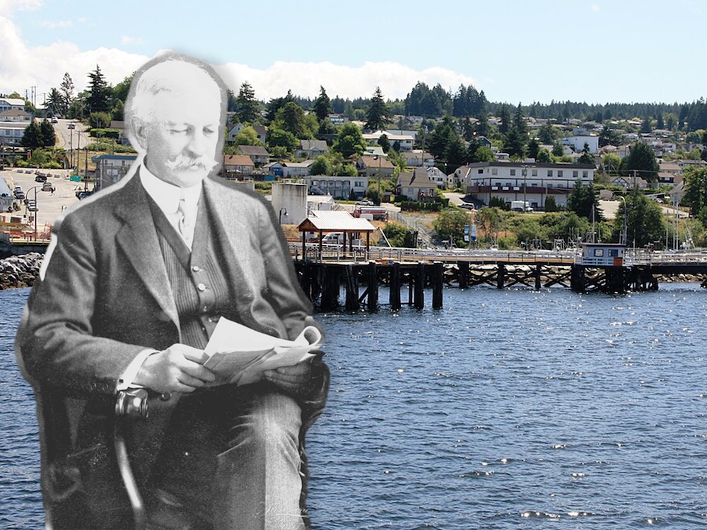 A collage combines an archival black and white image of a white man with white hair and moustache in a three-piece suit reading documents overlying an image of a port community&rsquo;s waterfront.