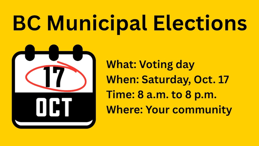 An image with the words &lsquo;BC Municipal Election&rsquo; followed by a calendar page of Oct. 17. The remaining text reads &lsquo;What: Voting day. When: Saturday, Oct. 17. Time: 8 a.m. to 8 p.m. Where: Your community.&rsquo;