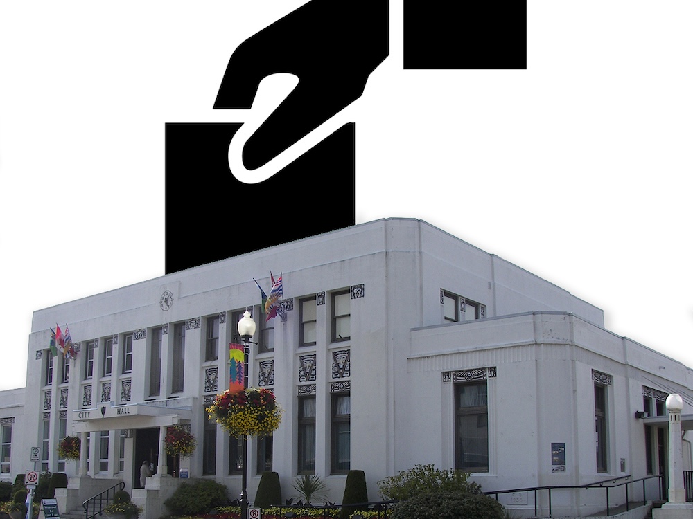 An illustration of a hand dropping a ballot into the roof of a large, blocky municipal hall.