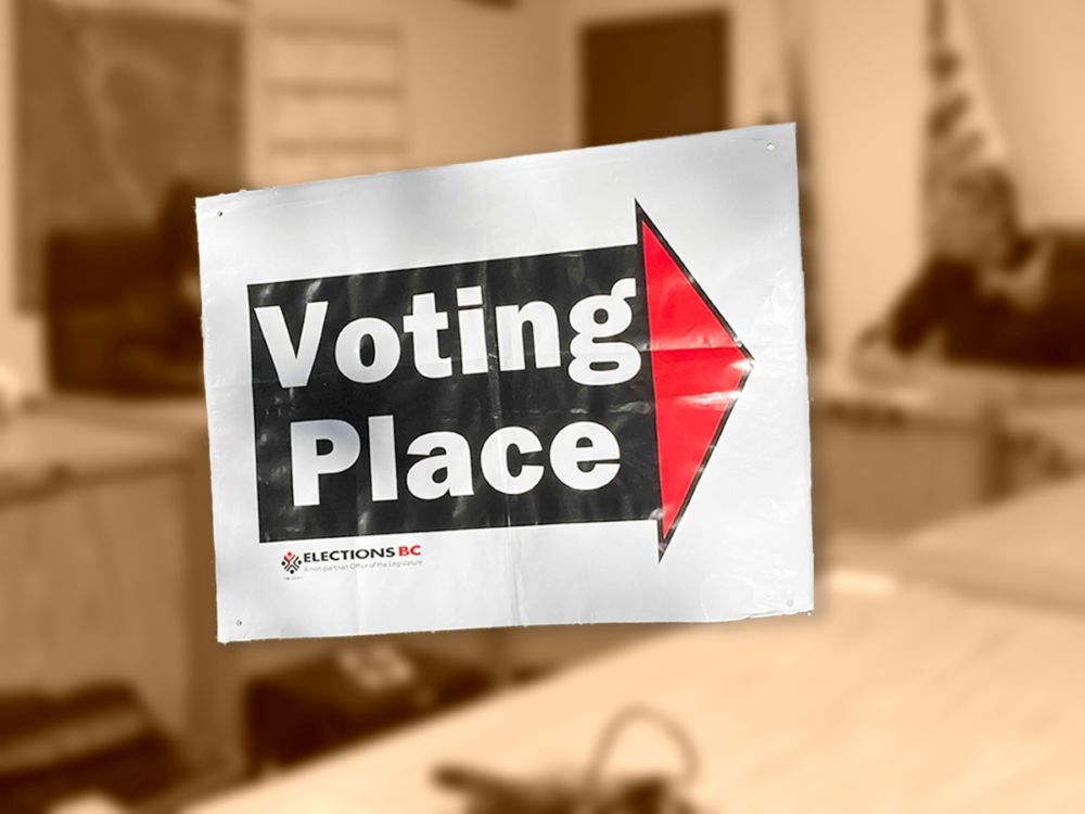 A &ldquo;voting place&rdquo; sign over a blurred photo of a council meeting.