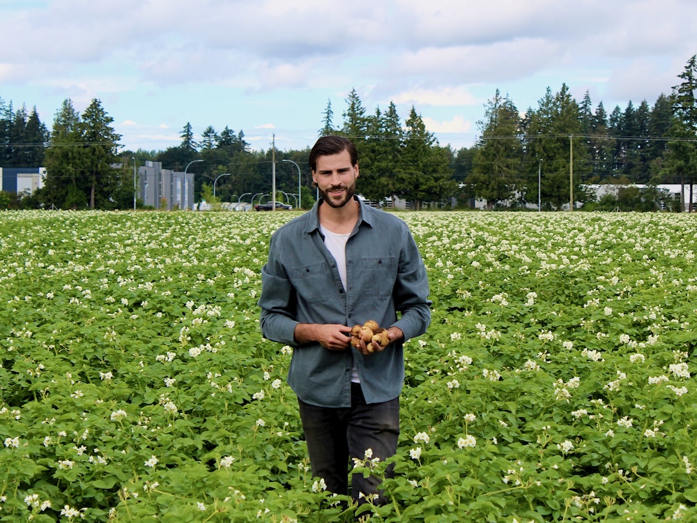 A man with short brown hair stands in a field surrounded by green plants. He holds several potatoes in his hands.
