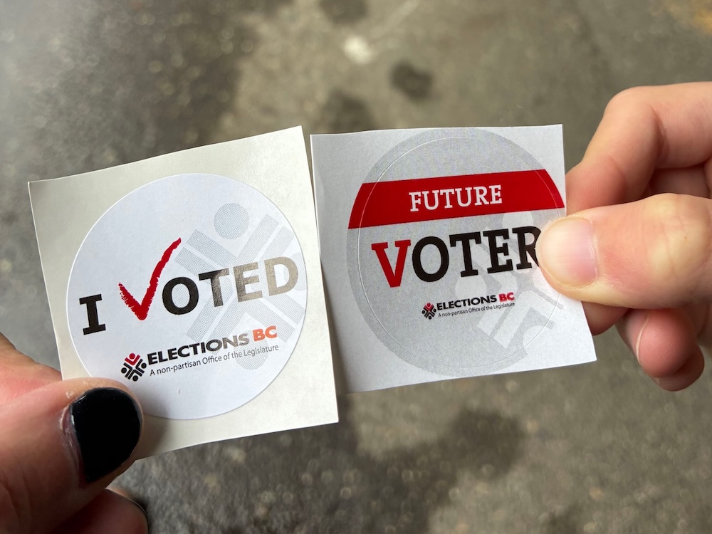 Two hands hold two stickers, One says &lsquo;I voted&rsquo; and the other &lsquo;Future voter.&rsquo;