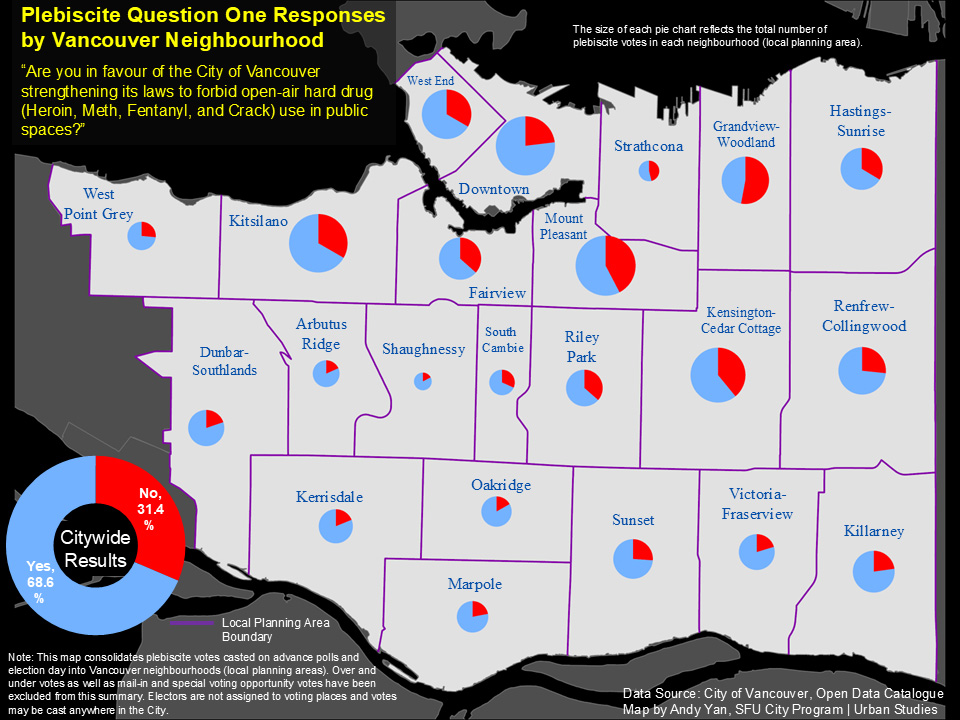 A map shows how Vancouver residents voted on plebiscite Question 1.