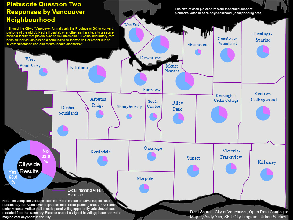 A map shows how Vancouver residents voted on plebiscite Question 2.