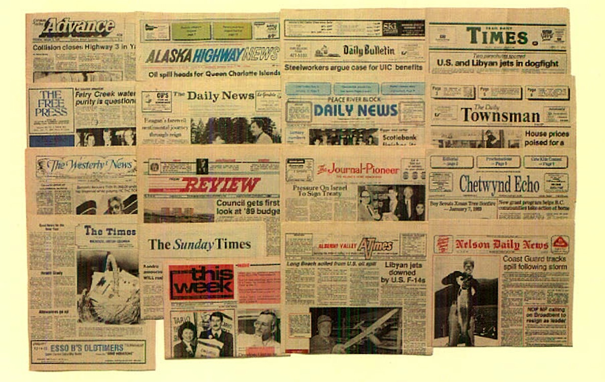 The image shows a collection of newspaper front pages, which appear yellow and aged.