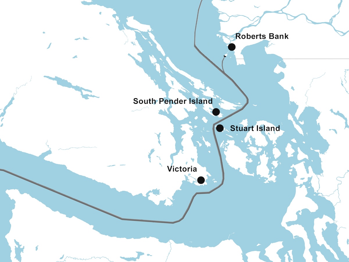 A map of the Salish Sea shows a shipping route wending around islands.
