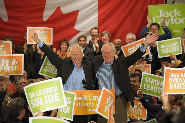 Ed Broadbent and Jack Layton at an NDP rally