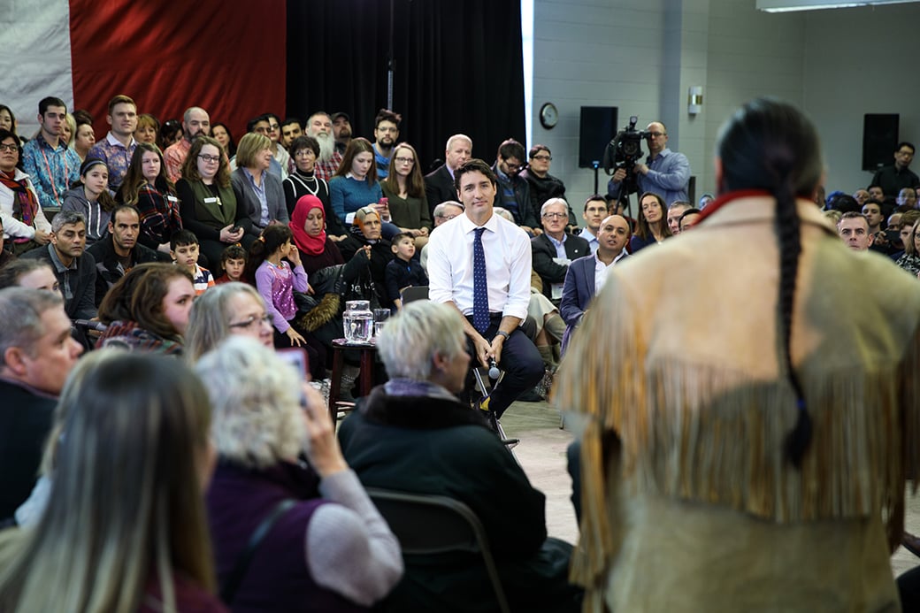 851px version of Justin Trudeau participates in a town hall meeting in New Brunswick