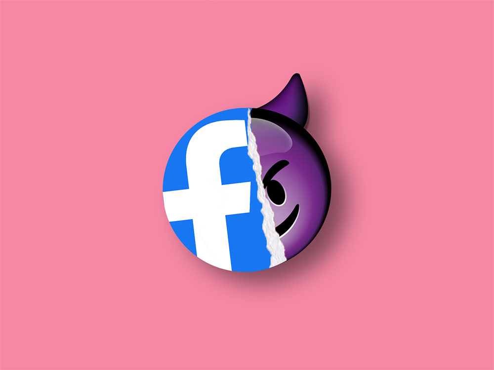 A mashup of the Facebook logo and purple devil emoji sit floating on a pink background.