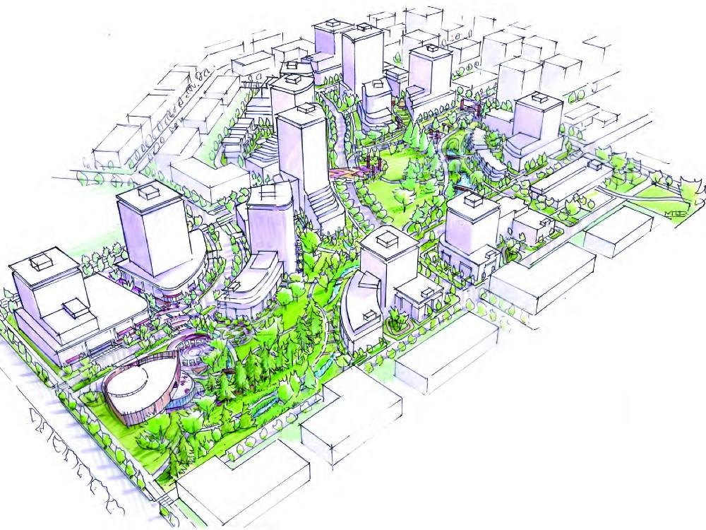 An architectural illustration of the Heather Lands in Vancouver at 4949-5255 Heather St and 657 W 37th Avenue. The illustration includes purple and green colourways that depict high-rise buildings and green spaces.