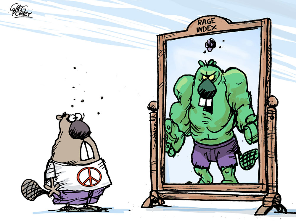A cartoon shows a timid beaver in a peace sign t-shirt scared of its reflection in the mirror with resembles a beaver version of a raging hulk.