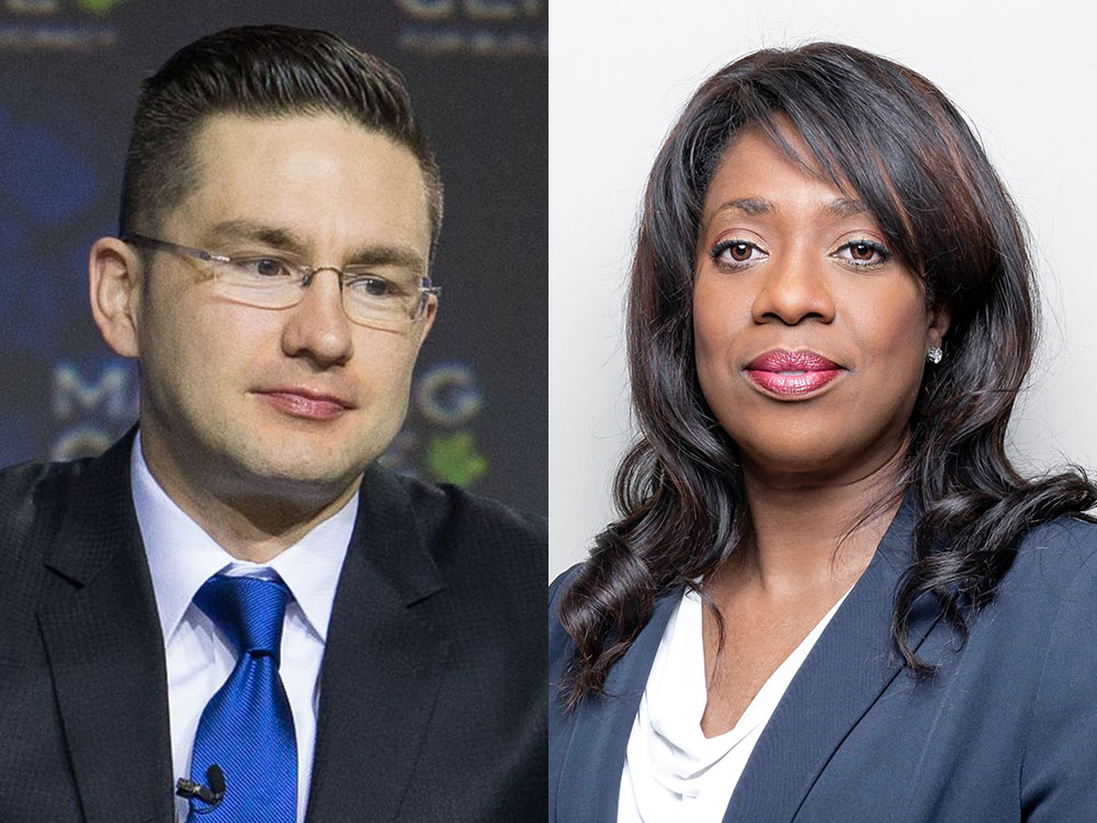 On the left, a headshot of a man in a black suit and blue tie, wearing glasses, looking down. On the right, a headshot of a woman wearing a blue suit and a white blouse.